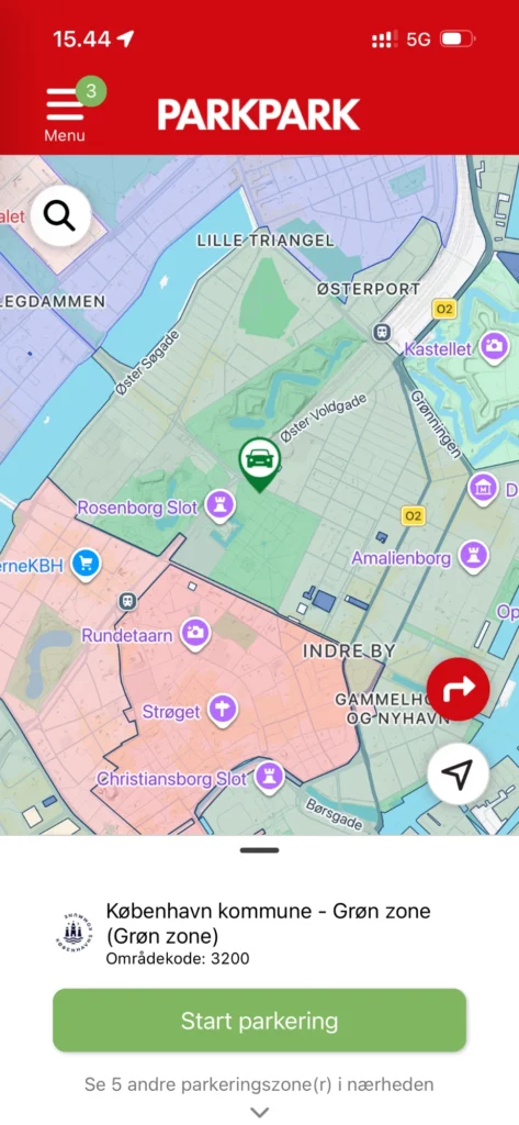 PARKPARK-appen med kort over parkeringszoner i København og knappen Start parkering